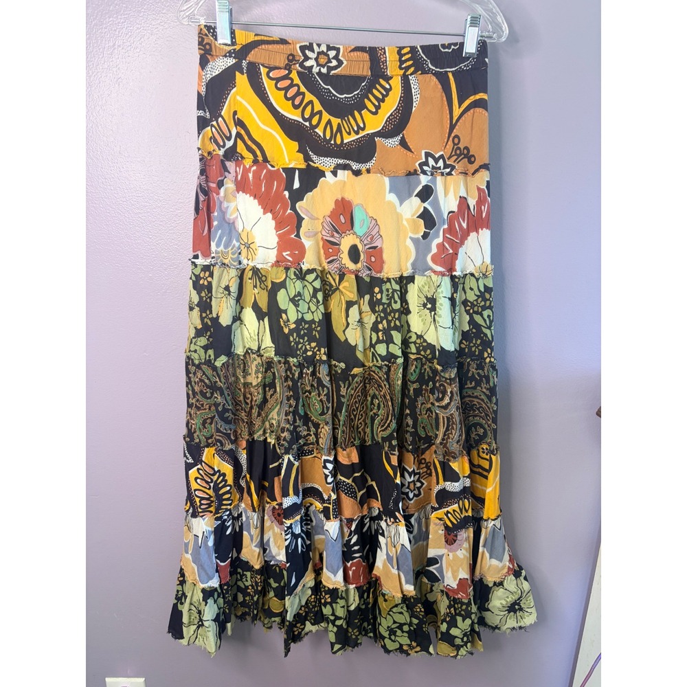 Rue21 Womens Small Floral Paisley Tiered Patchwork Cotton Maxi Skirt Boho Brown
